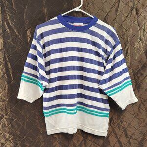 Vintage Direction Unisex Striped 3/4 Length Sleeve T-Shirt 90s Size Medium